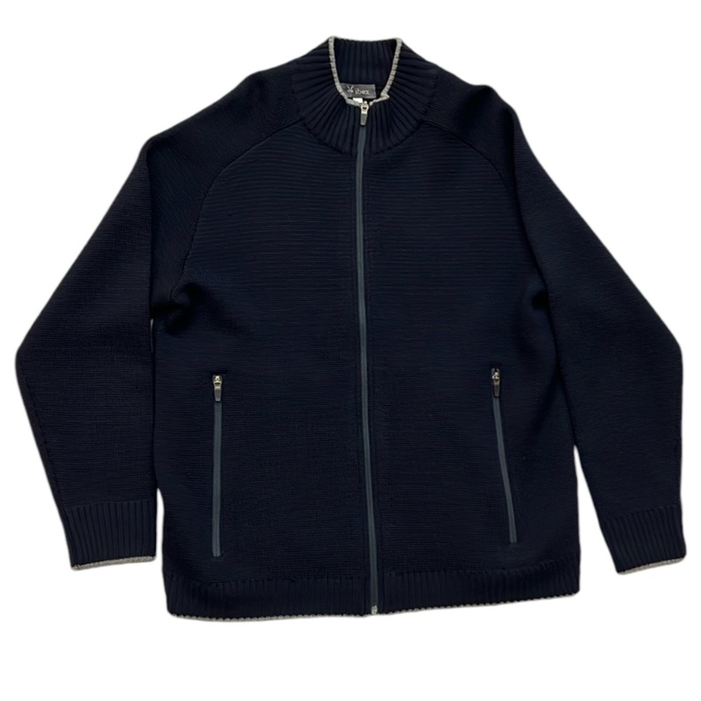 ibex Men’s Size Large Wool Zippered Cardigan Sweater Navy Blue with Gray Trim